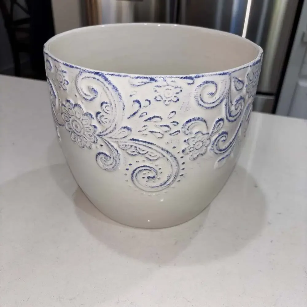 Nocal LDA Ceramic Planter Pot White and Blue Floral Embossed Scroll Portugal